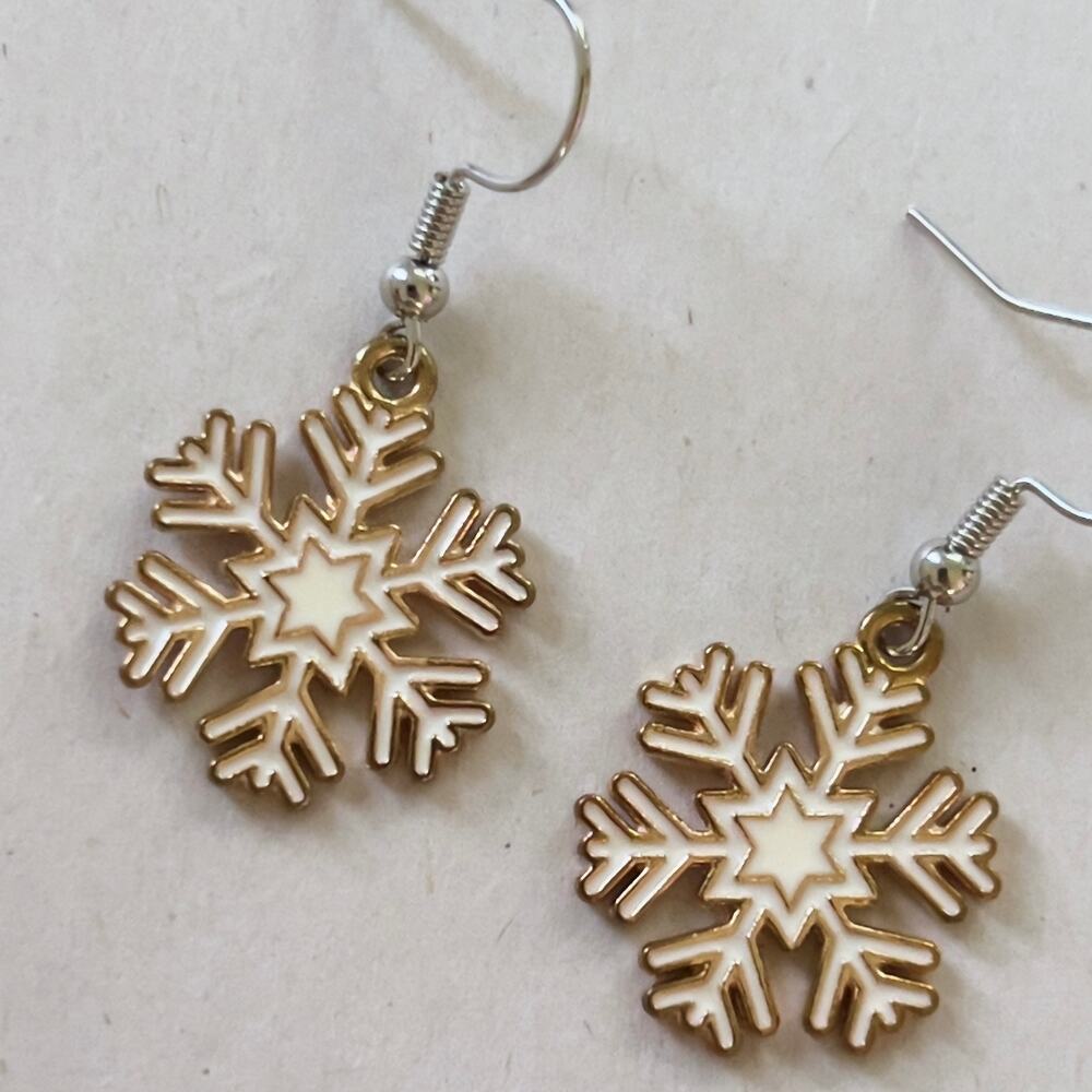White Snowflake Earrings with Rose Gold Tone Metal Handmade Jewelry